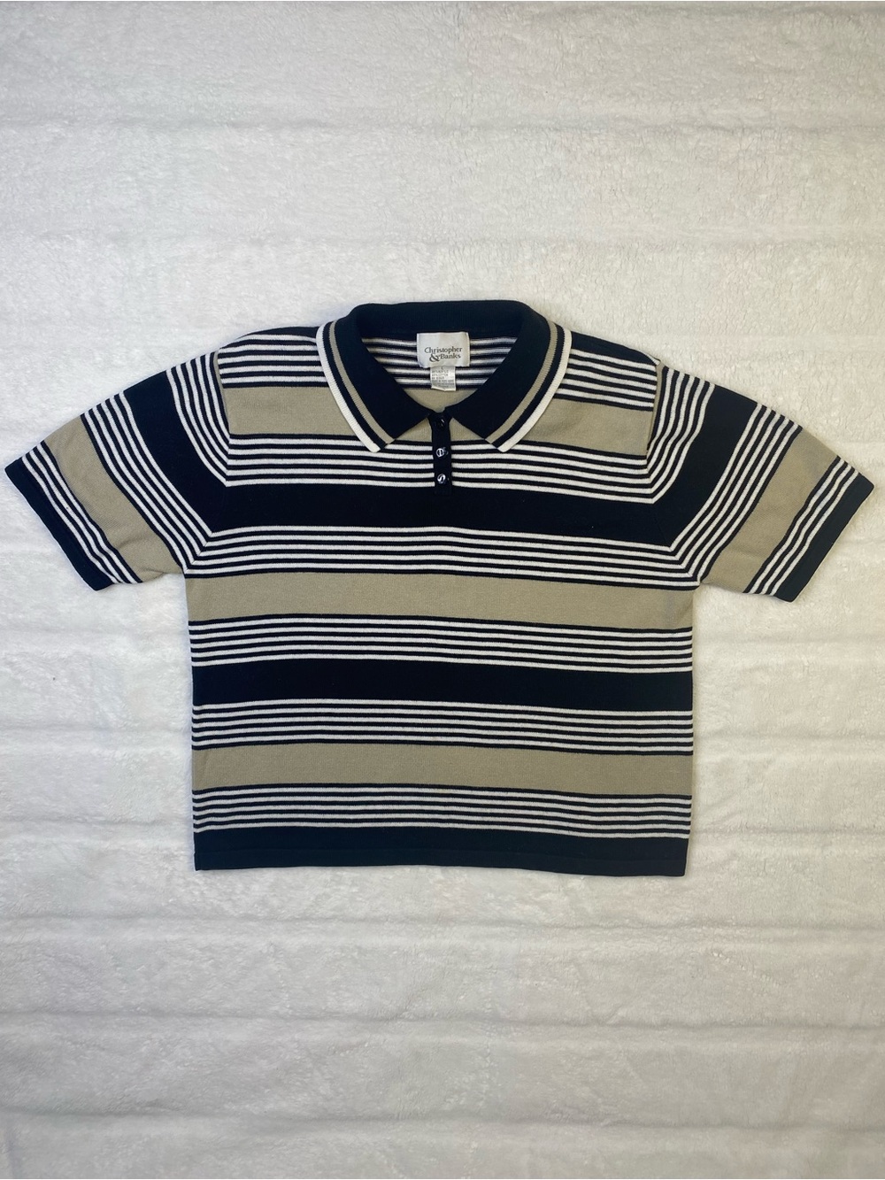 Christopher & Banks Navy, Cream & White Striped Polo Top